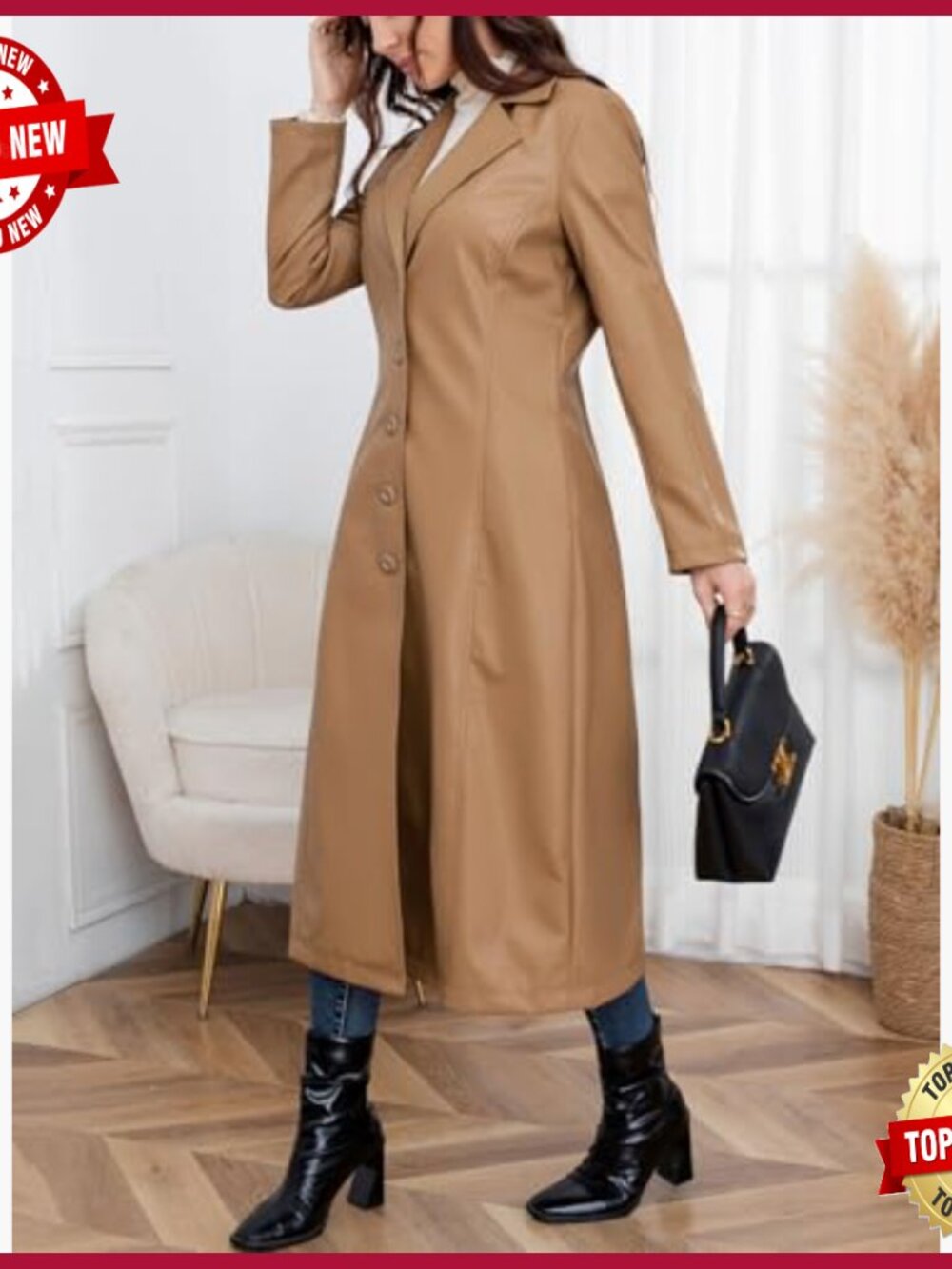 Faux Leather Trench Coat Maxi Length Lapel Button Down Overcoat - Picture 4 of 7